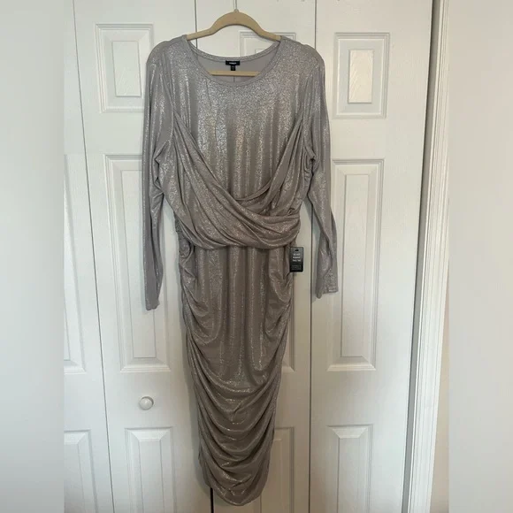 NWT Express Shine Crew Neck Rouched Midi Dress, silver, size xl - Picture 1 of 7
